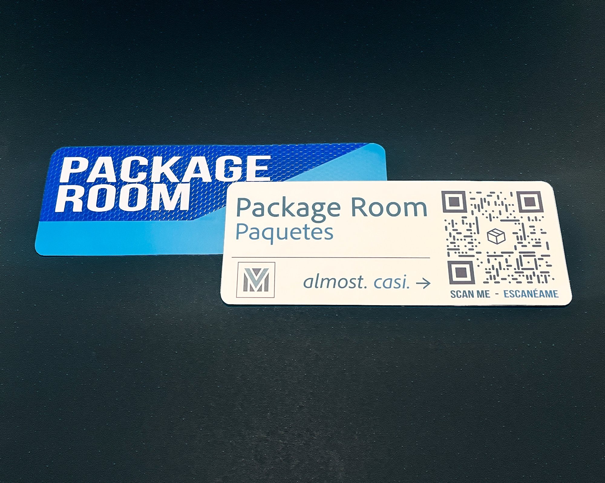 FOUNDit package room and deliveries signs with business cards