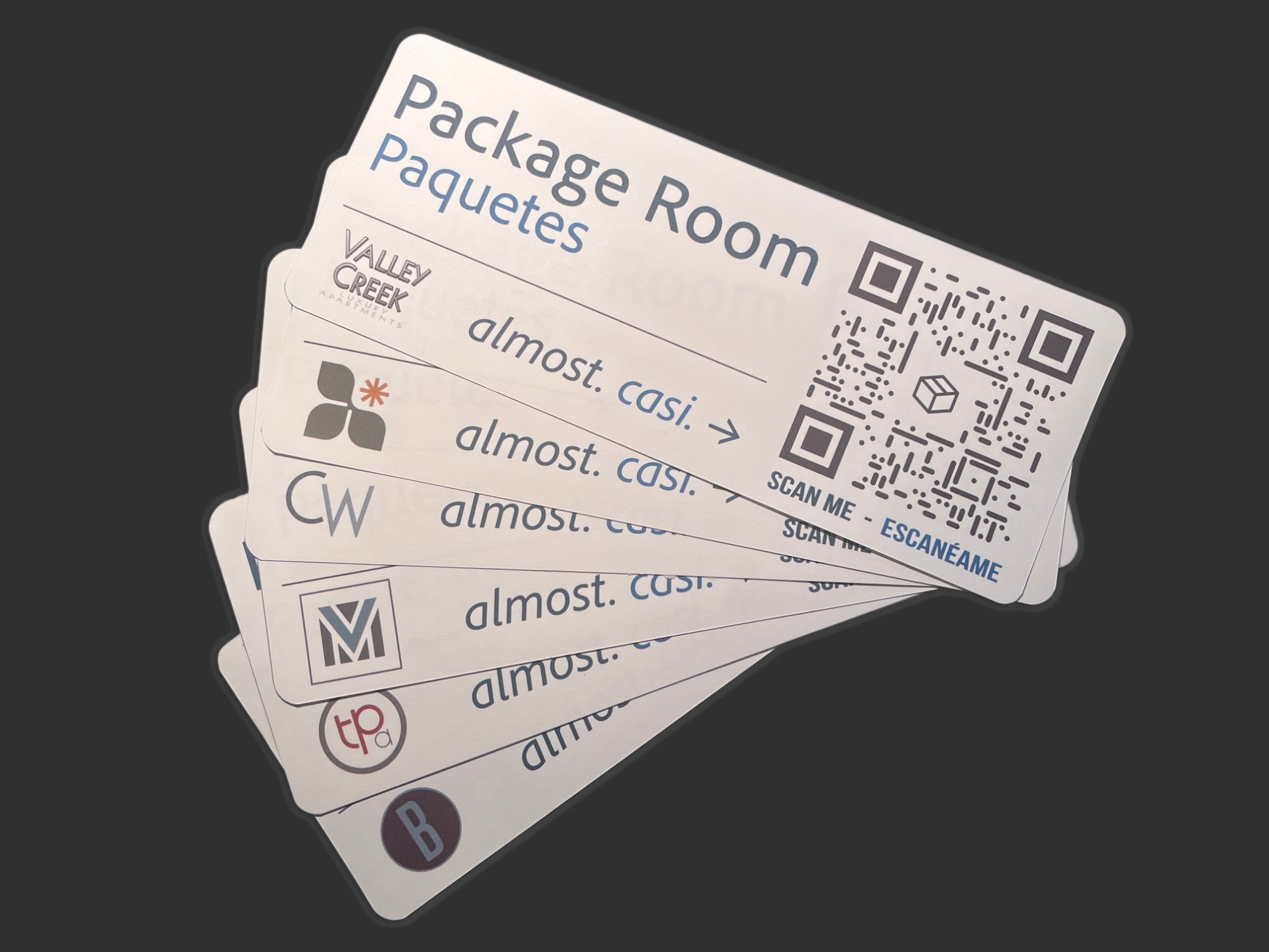 Package Room signs customized for six different apartment properties