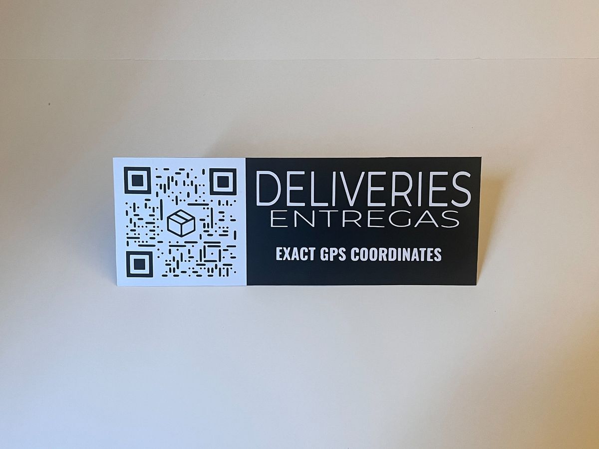 Deliveries sign — dark with QR code