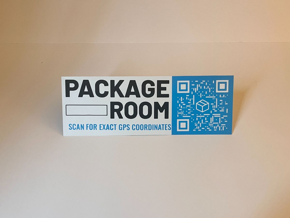 Package Room sign — white with blue QR code